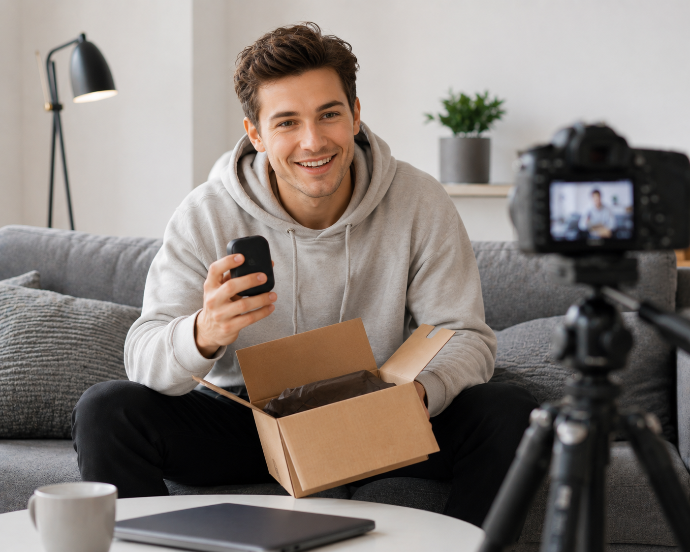 Creator filming an unboxing video