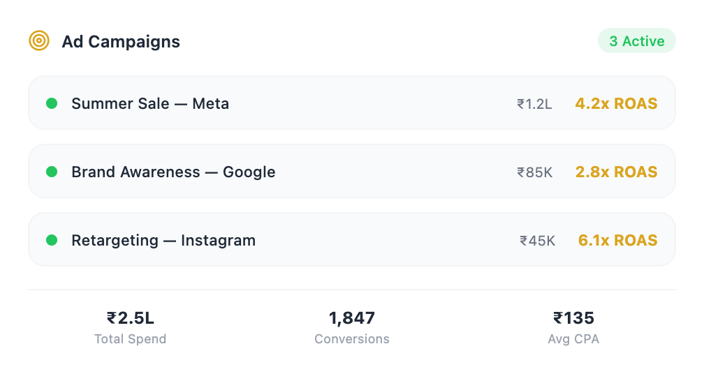 Ad campaigns dashboard with ROAS tracking
