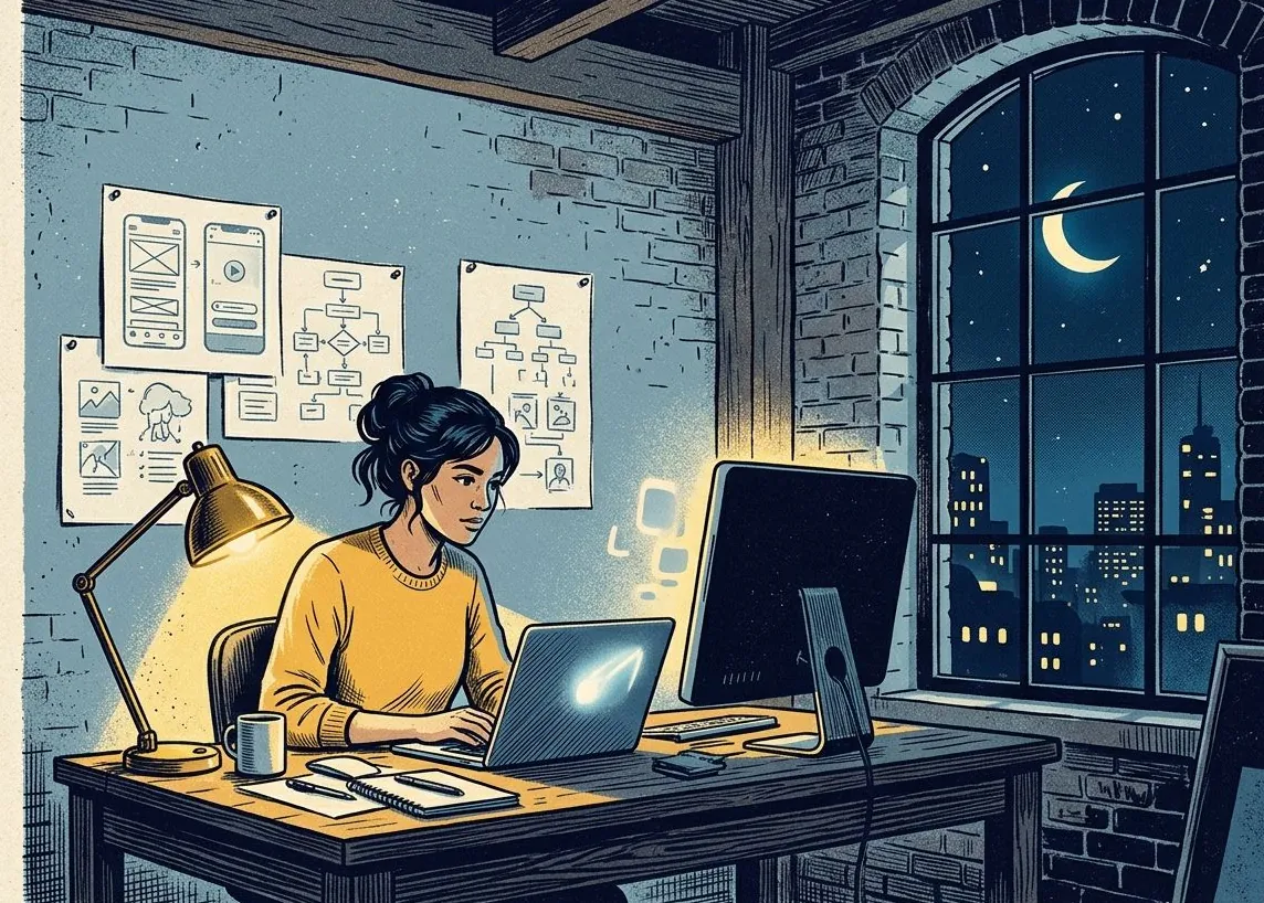 Illustration of a founder working late in a loft studio, app sketches pinned on the wall