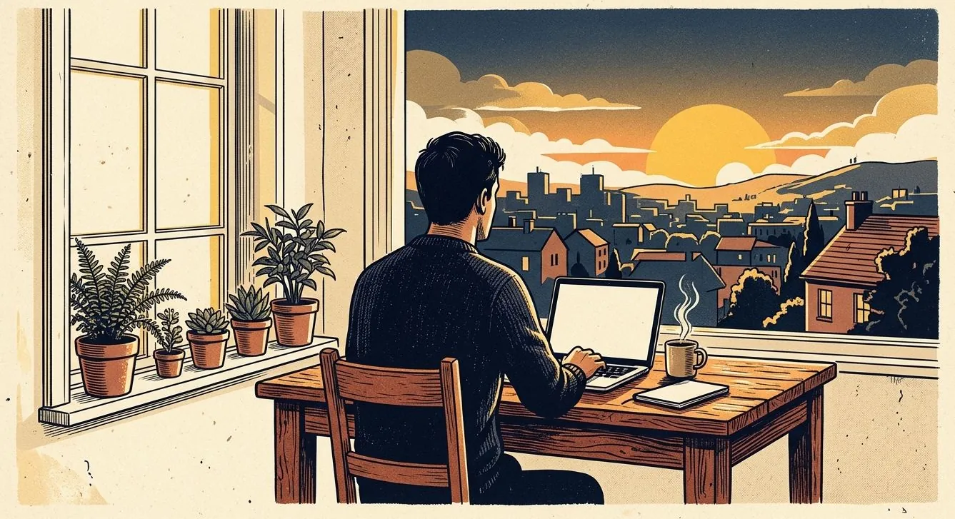 Illustration of a founder working alone at a kitchen table by the window at sunrise